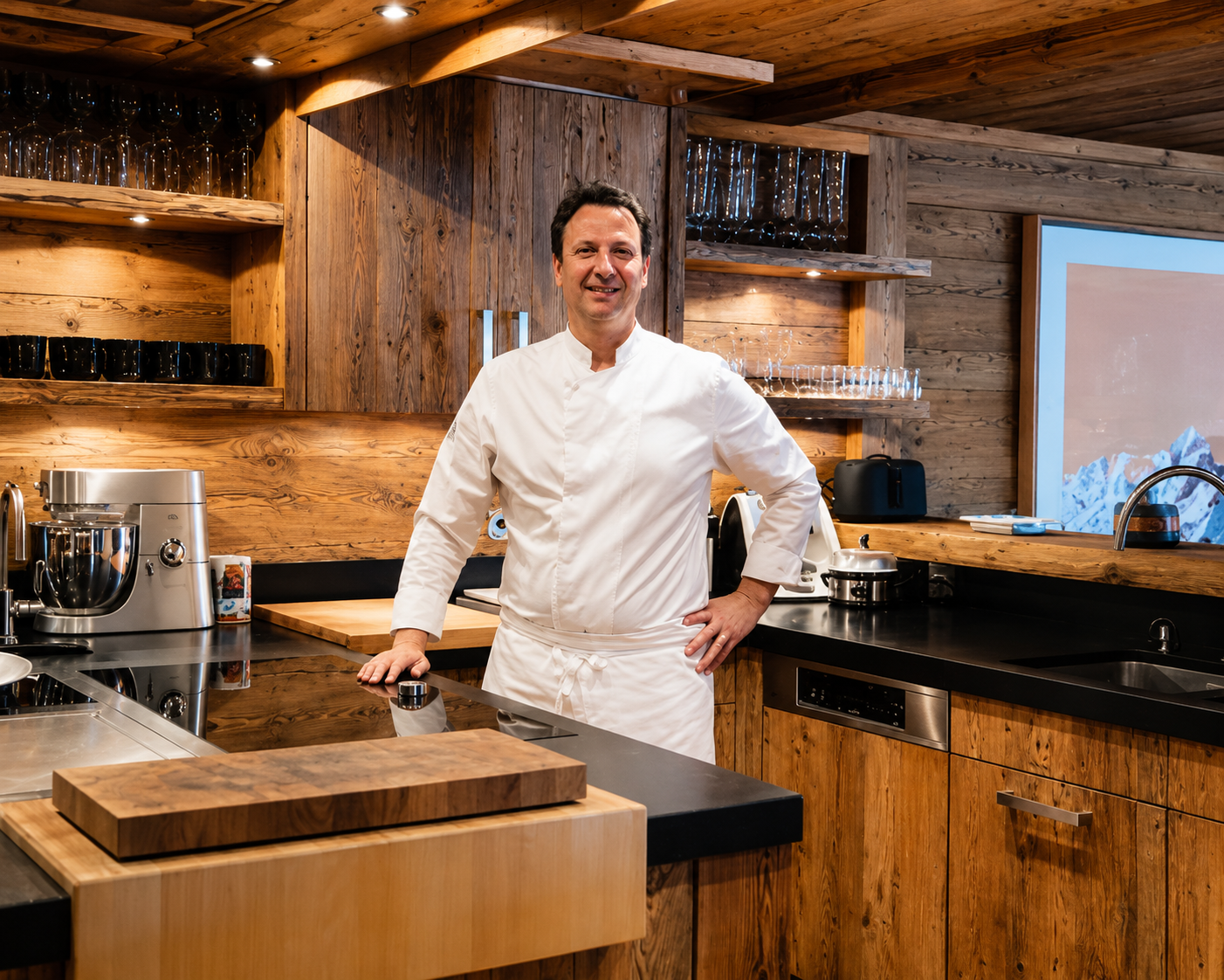 Chef Lionel Ortega em cozinha equipada, planejando o serviço