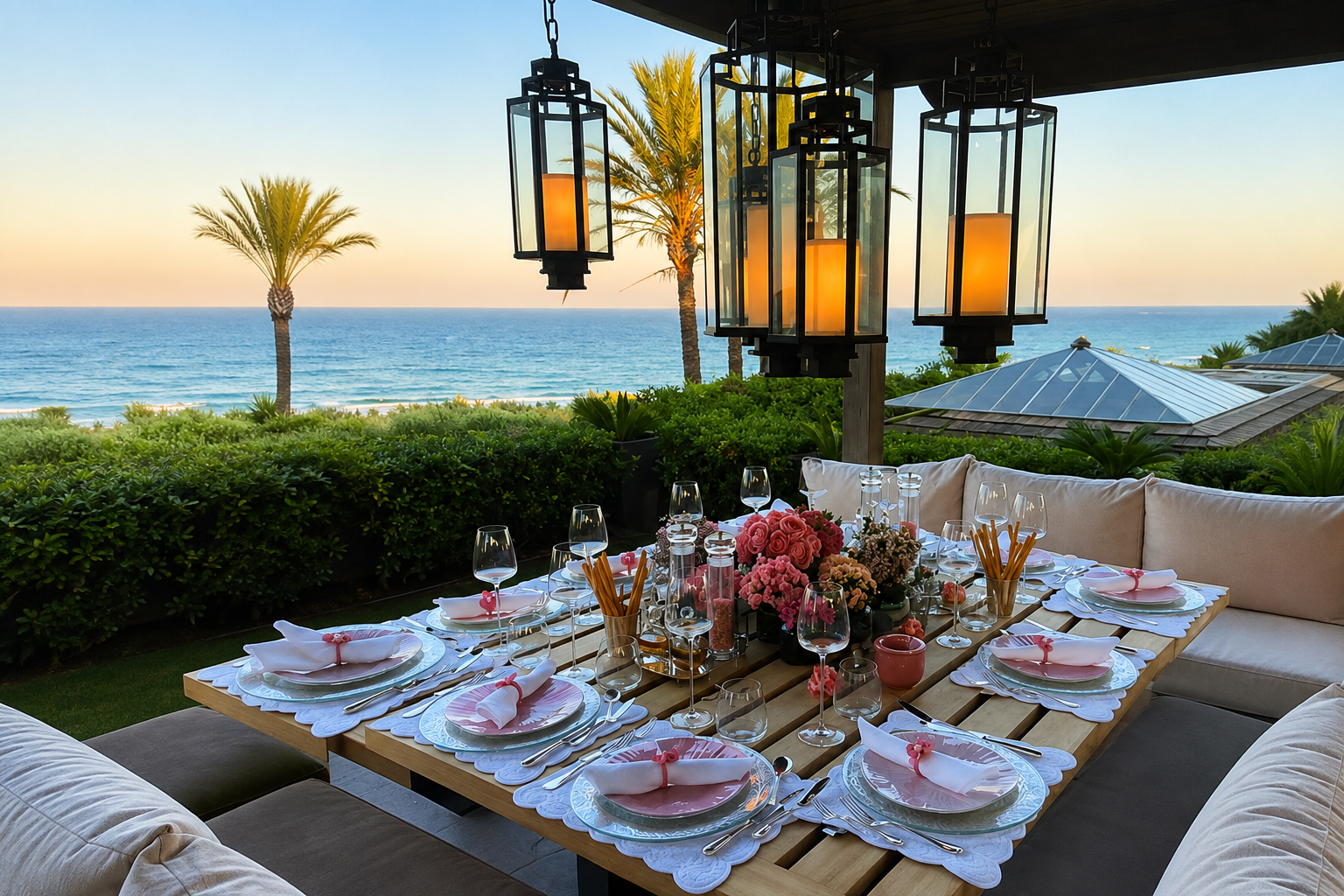 Mesa posta em jantar privado ao ar livre com vista para o mar